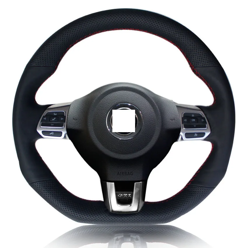 XuJi Black Genuine Leather Suede Steering Wheel Cover for Volkswagen