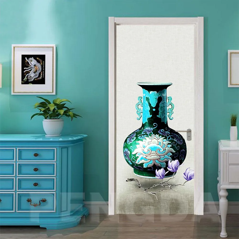 Печать художественная дверь стикер DIY ремонт Фреска Водонепроницаемая картина ваза и павлины обои самоклеющиеся домашний декор для спальни