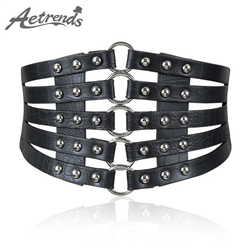 [AETRENDS] Vintage Hollow Rivets Black Corset Cinch Belts for Women Elastic Waistband Shape-Making Slim Female Belt D-0102 photo