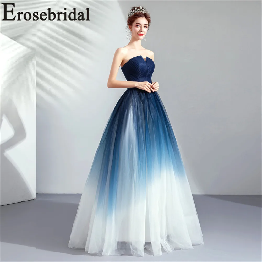 Erosebridal 2019 Contrast Color Blue White Evening Dress Long Elegant Formal Women Party Prom Gown with Lace Up Back Pleat Body