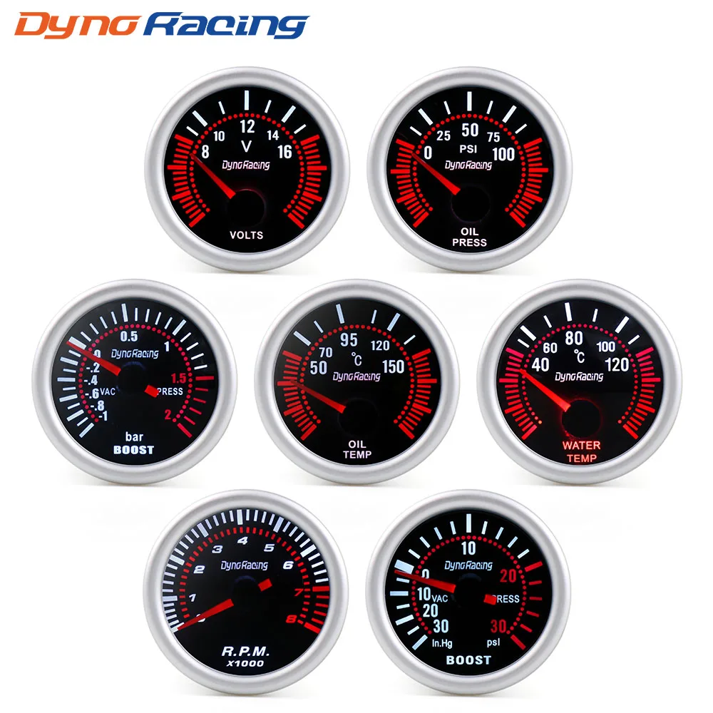 Dynoracing 2" 52mm Smoke lens Boost gauge bar psi Vacuum Water temp Oil temp Oil press Voltmeter Fuel level Tachometer rpm gauge