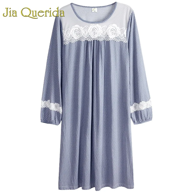 

Nightgown Cotton Women's Night Dress 2019 Spring New Long Sleeve Polka Dot Lace Applique Home Gowns Sleep shirt 3xl Sleepwear