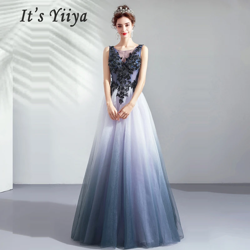 

It's Yiiya Evening Dress Crystal Robe De Soiree Sleeveless Women Party Dresses 2019 Long Plus Size Boat Neck Evening Gowns E653