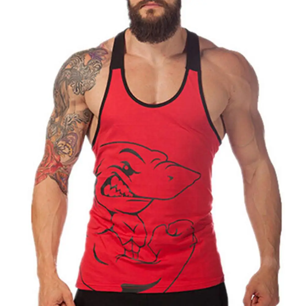 

Men's Running Vest Y-type BodyBuilding Fitness Gym Sport Sleeveless Tank Top Shark Print Training Exercise Slim Vest
