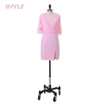 

Pink 2019 Elegant Cocktail Dresses Sheath V-neck Half Sleeves Short Mini Chiffon Appliques Lace Party Homecoming Dresses