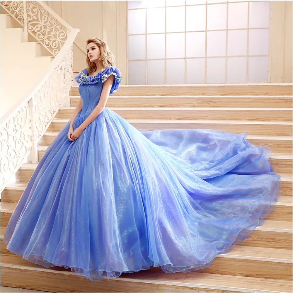 Dressv Prinses Cinderella Ball jurk Blauw Organza Bloem Quinceanera