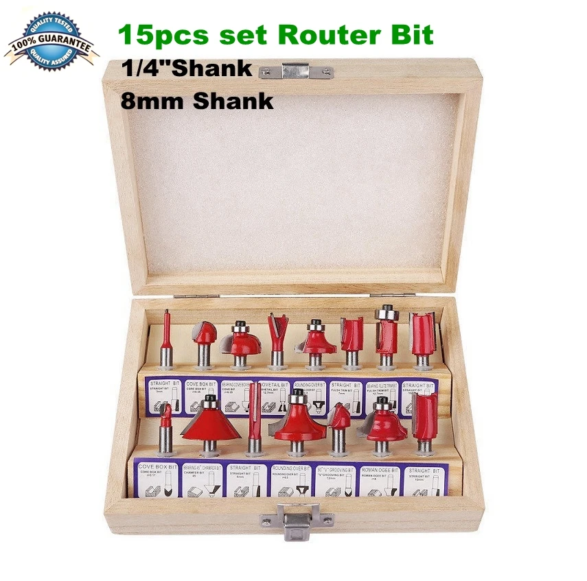  15pcs/set Woodworking Milling Cutters 1/4''/8mm Shank Carbide Router Bit For Wood Cutter Engraving 