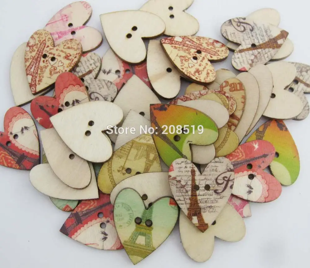 

WBNALO Printed Paris Tower Craft Buttons Heart shape 28MM*24MM 200pcs Multicolors wood button scrapbook