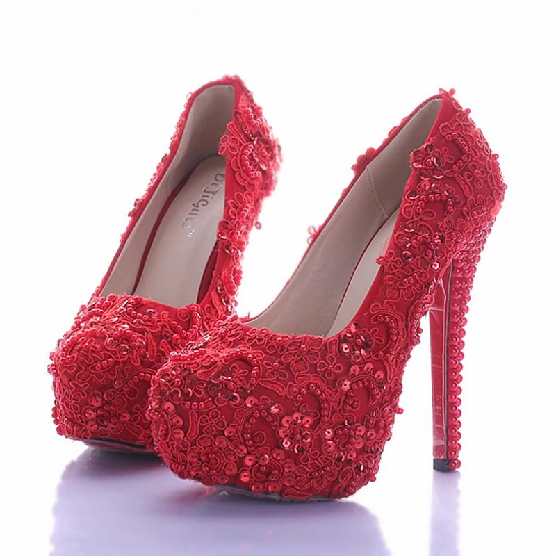 

Sparkling Vogue Women Wedding Shoes for Bride Elegant Red Lace Bridal Dress Shoes Glitter Platform High Heel Bridal Shoes