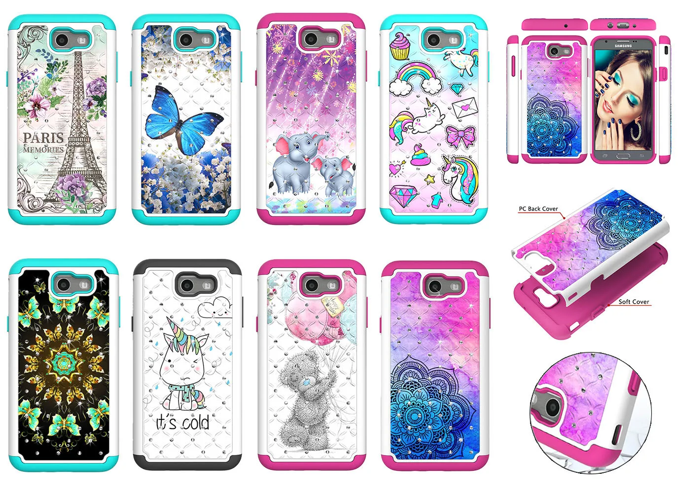 Anti-Knock Glitter Hybrid Back Hard Soft Bumper Phone Case Cover for Samsung J7 2017 |