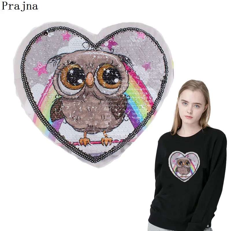 

Prajna Stripes Rainbow Owl Reversible Patches Sequined Patch Cartoon Heart Patch Sew On Jeans T-shirts Stickers For Clothing DIY