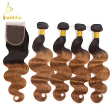 airUGo Hair Pre -colored mbre Hair Weave 4 Bundles with Closure #1B/30 Body Wave Non-Remy Human Hair Bundles With Closure