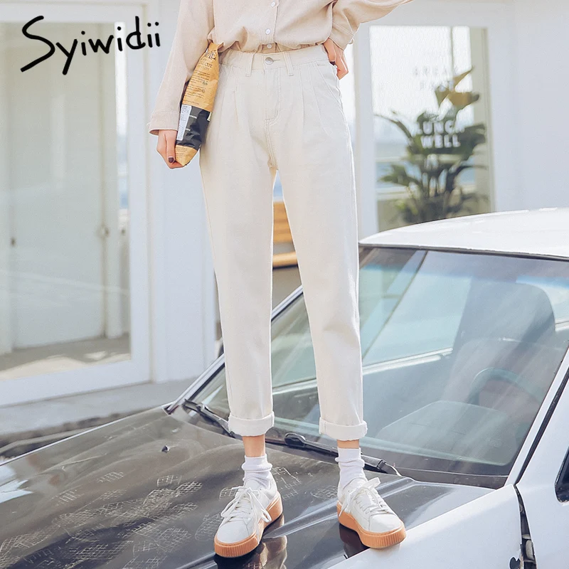 Джинсы для мам с высокой талией женские хлопковые бежевые джинсы для женщин шаровары осень новые женские джинсы длиной до щиколотки женские джинсовые брюки