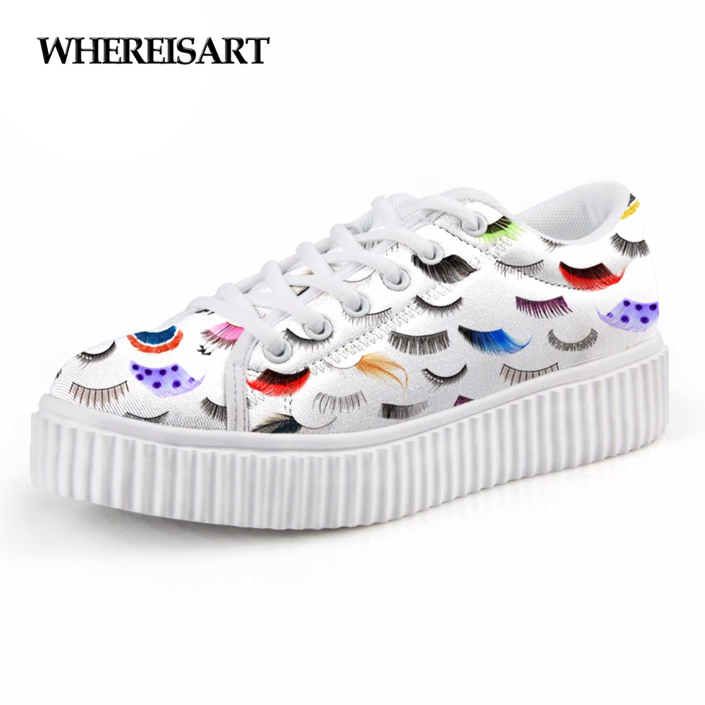 

WHEREISART Fashion Women Flat Platform Shoes Cute Eyelash Printed Women's Casual Creepers Shoes Height Increasing Shoes Flats