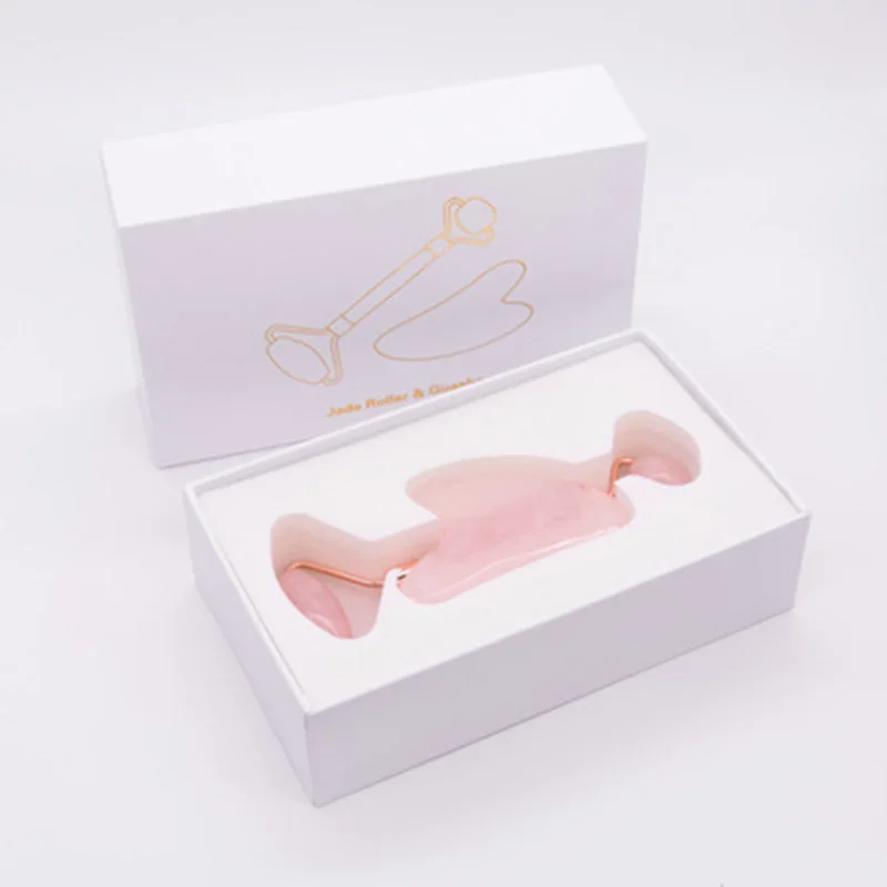 Розовый КВАРЦЕВЫЙ роликовый массажер для похудения, натуральный нефрит, роликовый лицевой массажный ролик, камень, кристалл, роликовый массажный Набор для кожи, коробка - Цвет: rose with white box