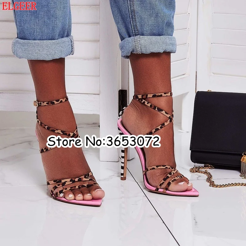 

Pink Yellow Leopard Cross Strap Women Open Toe Dress High Heels Buckle Strap Gladiator Stiletto Sandals Strappy Pumps Shoes