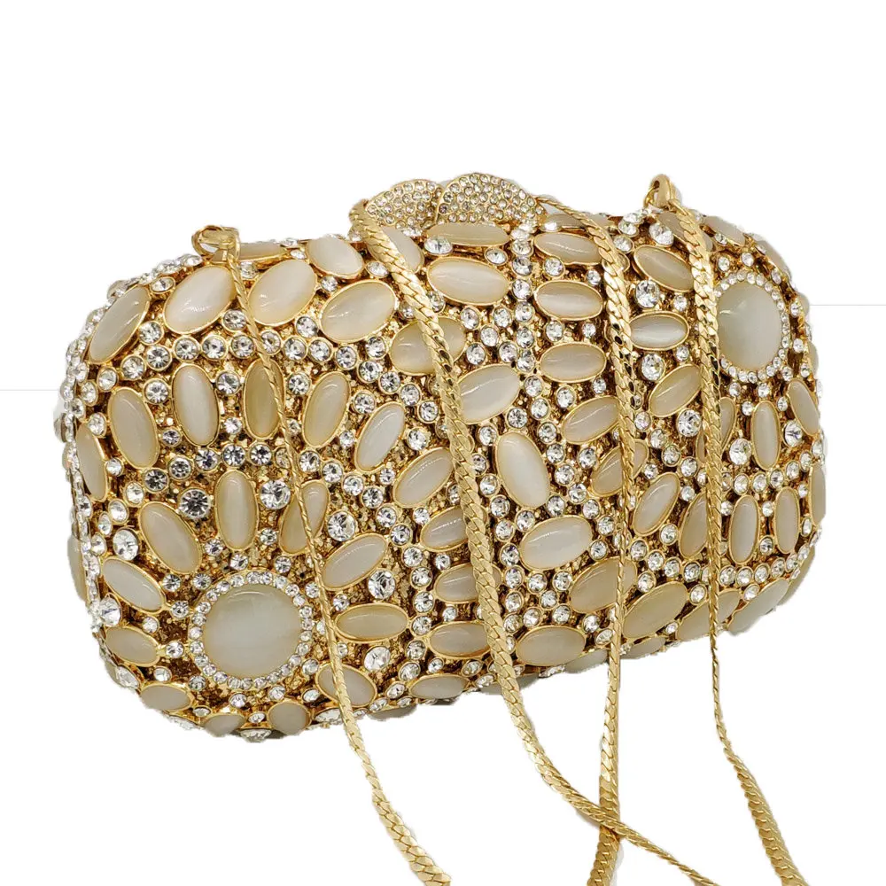 Бутик De FGG выдалбливают Элегантные опаловые кристаллы камней Женская золотистая вечерняя сумочка металлический клатч Minaudiere Сумочка Свадебная вечеринка сумка