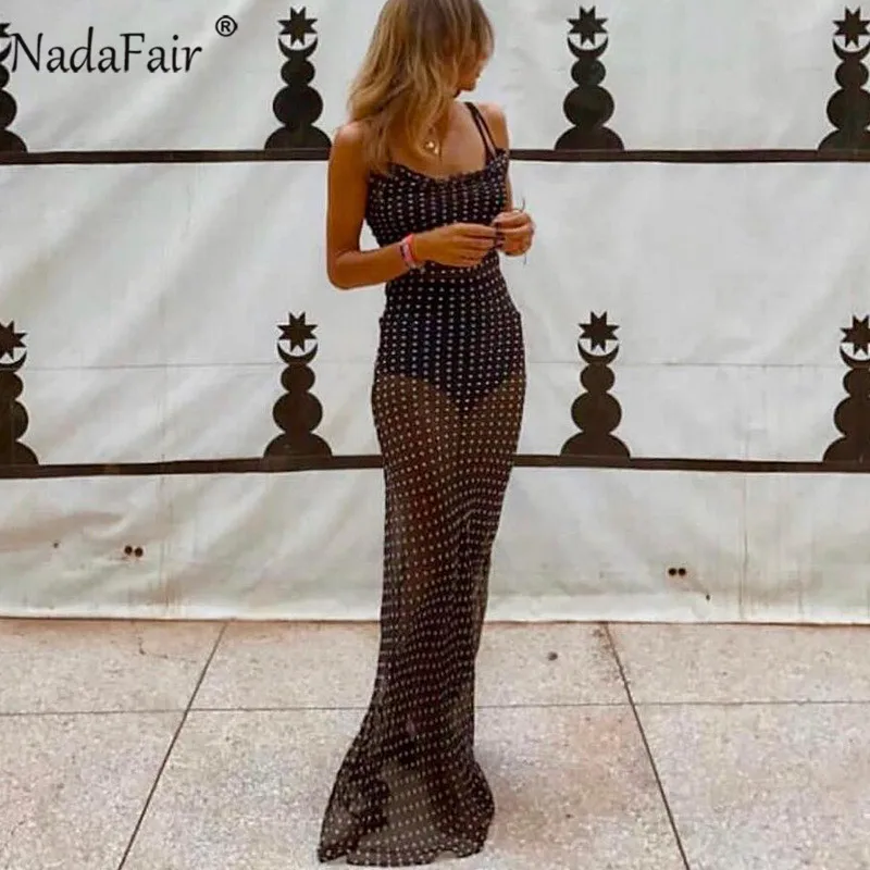 

Nadafair Black Sexy Polka Dot Maxi Dress Women Backless Transparent Spaghetti Strap Long Sundress Summer