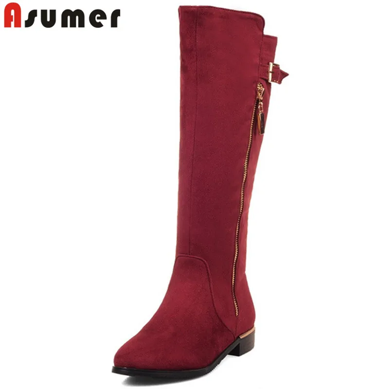 

ASUMER big size 34-43 fashion knee high boots women round toe zip flock low heels shoes zip autumn winter boots comfortable