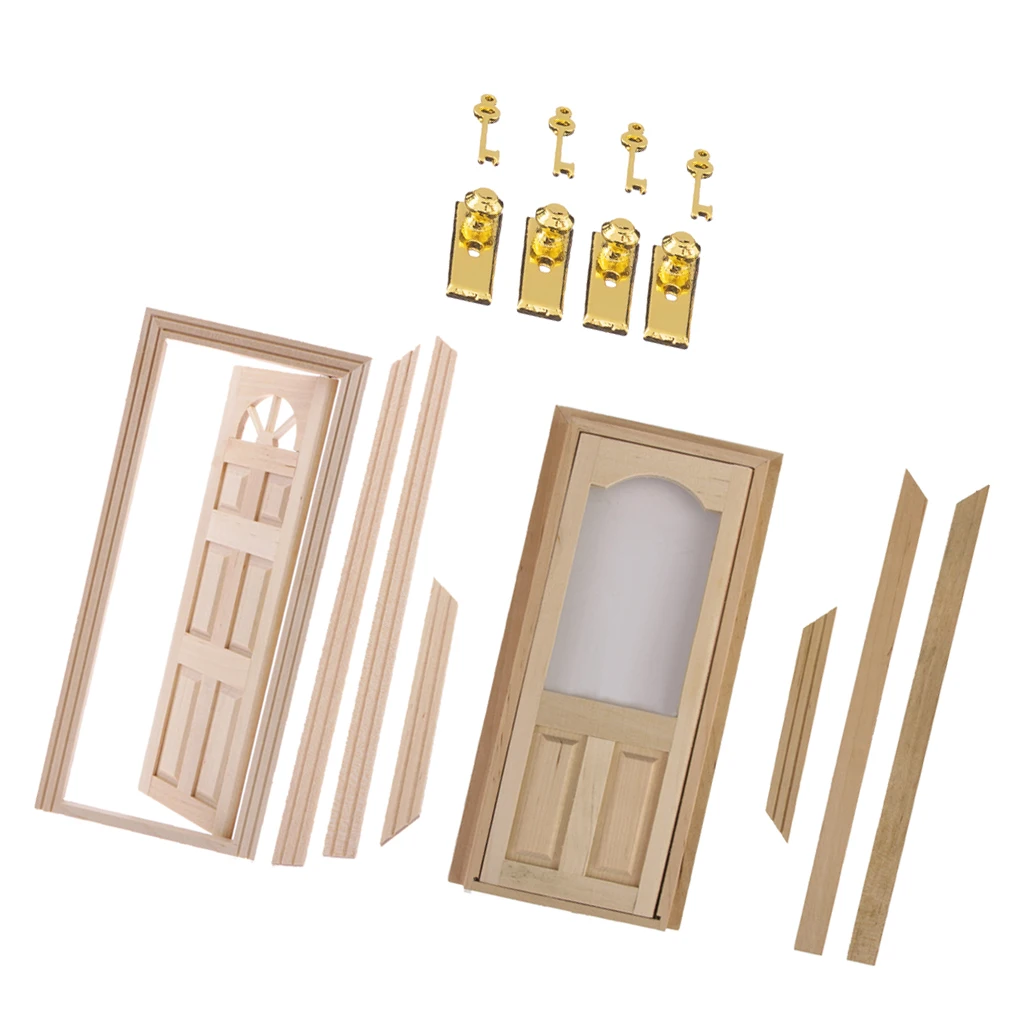 1/12 Doll House Miniatures Wooden Door Set Unpainted & Metal Door Lock With Keys