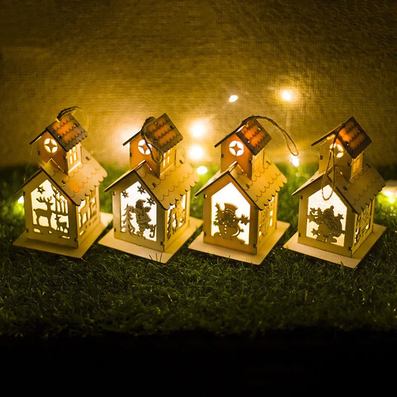 

Christmas Tree Pendants Wooden Lighted Cabin House Xmas Tree LED Light Hanging Navida Ornaments New Year Party Decoration 2019