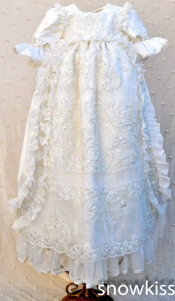 

Beaded Formal Scoop Neck Lace Baby Girl White/Ivory First Communion Dresses Christening Gown Baptism Dress