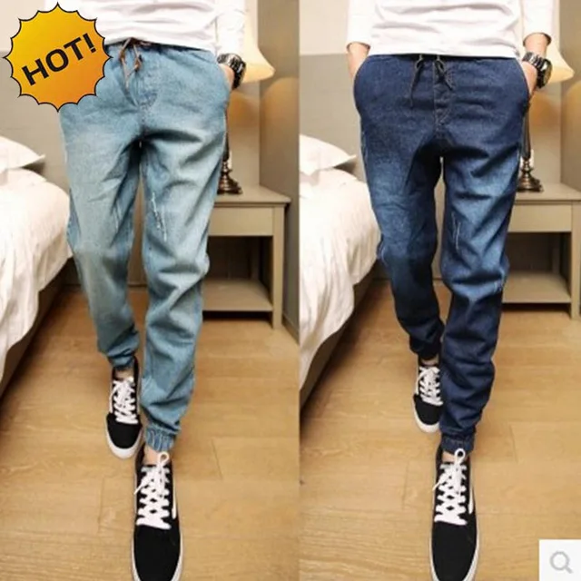 Wholesale 2018 fashion loose Elastic Waist Drawstring Casual Hip hop Cheap Cowboy Denim Washing harem Track Jeans teenagers pant