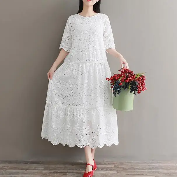 

Mori Girl Embroidery Midi Dress Spring Summer Hollow Out White Cotton Dress Short Sleeve Elegant Party Vestido Longo WF285
