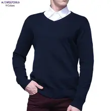 Мужские пуловеры свитера хлопок Мужские хорошего качества длинный рукав v-образный вырез трикотажный свитер Повседневный одноцветная Мужская тонкий свитер