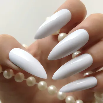 

White Extra Long STILETTO Gold Silver False Nails Pre-designed Curved Press Fake Nails On Nails including glue sticker