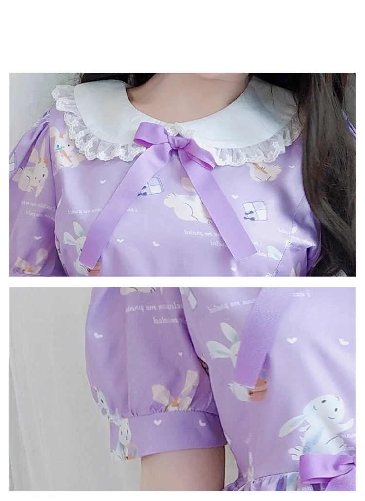 Летнее фиолетовое платье с кроликом в стиле Харадзюку для женщин; Kawaii Bunny; кружевное платье для девочек-подростков; для рождественской вечеринки; милое короткое платье-пачка принцессы