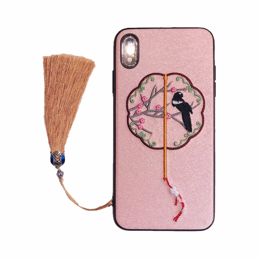 

COOKZU Folk-custom Embroidery Magpie Phone Case for iphone XR/XS Max/XS/X Phone Cover Case with Pendant for iphone 7/8/6s plus