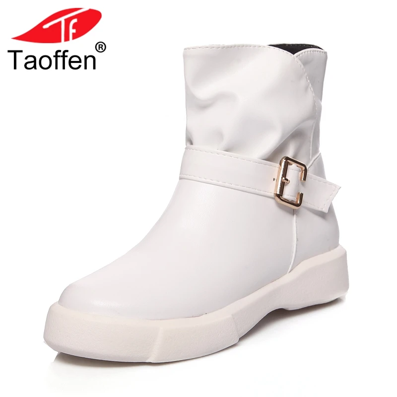 

TAOFFEN Women Ankle Boots Winter Warm Fur Shoes Woman Round Toe Flats Boots Fashion Metal Buckle Designer Shoes Size 34-43