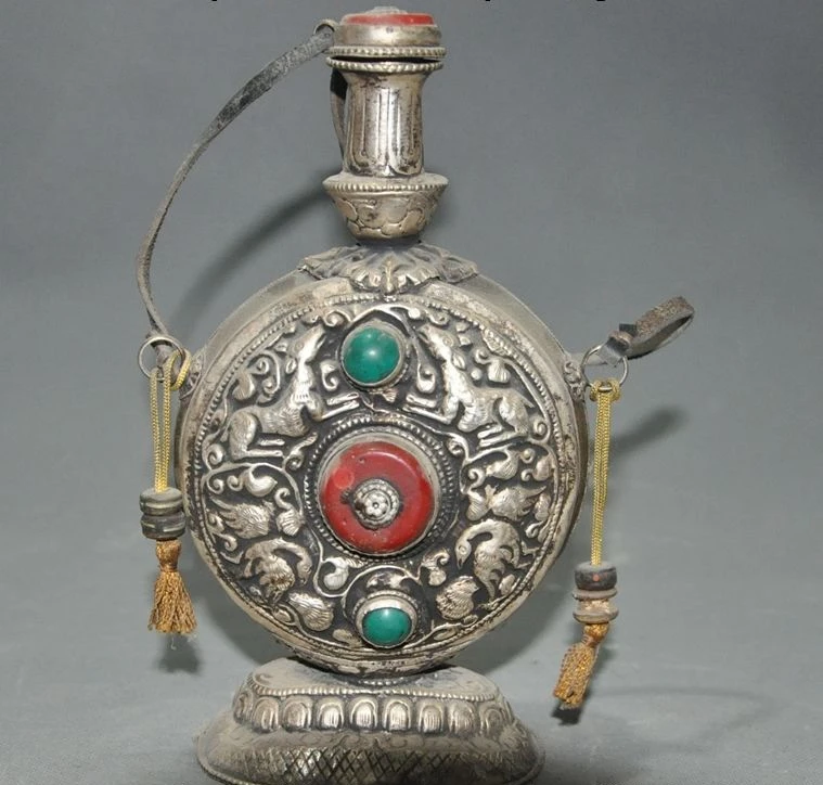 

8"Old Tibet Silver Fengshui Animal Deer Bird Beast Lucky statue snuff bottle