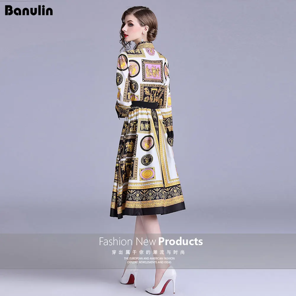 Banulin/винтажное Плиссированное Платье-рубашка с цветочным принтом, Женский Осенний дизайнерский комплект для подиума, высокое качество, Женская мода
