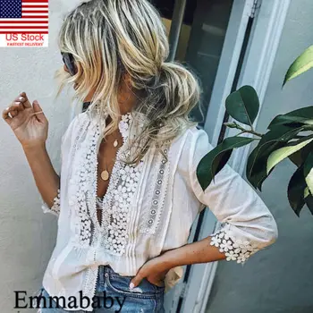 

US Womens Floral Lace Sheer Long Sleeve Embroidery White Tee Tops Blouse