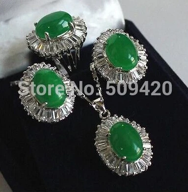

hot sell Lovely Sets natural green jade pendant necklace silver Stud earring Ring