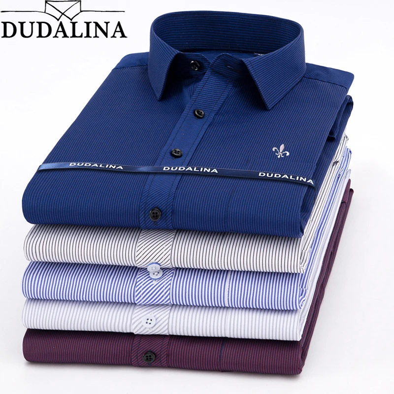 Dudalina, Лидер продаж, Весенняя Мужская рубашка с длинными рукавами, в полоску, однотонная, в клетку, мужская деловая рубашка, брендовая одежда, официальная рубашка для мужчин