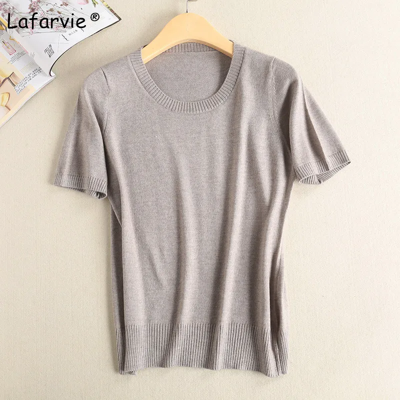 Lafarvie Cashmere Blended Knitted Sweater Women Tops Summer O-neck Short Sleeve Soft Comfortable Solid Color Shirt Sweater Pull Sweaters