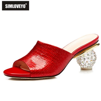 

SIMLOVEYO red big size 2019 summer new shoes woman sexy peep toe shallow mules shoes elegant slippers women genuine leather
