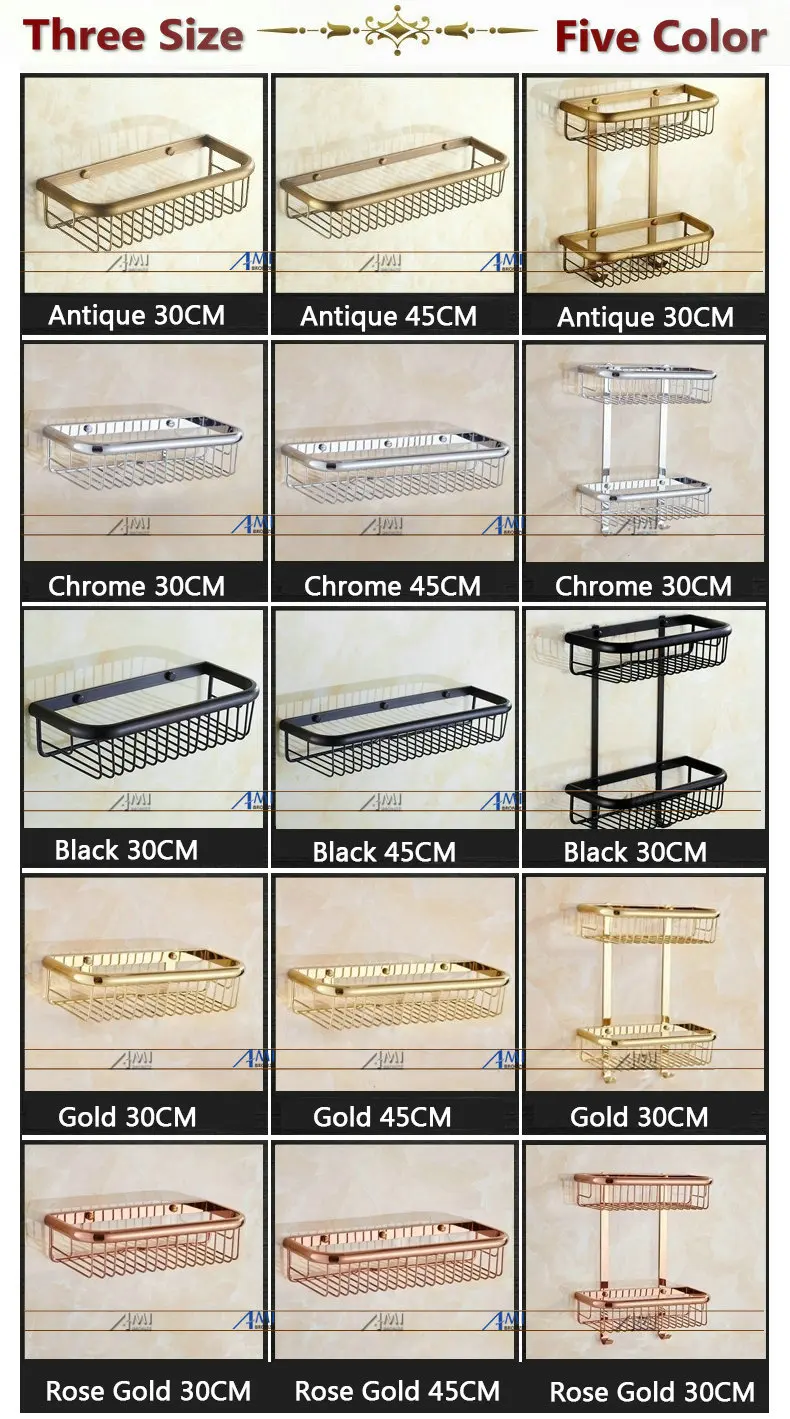 2012 серии длинные полки для ванной твердая латунь Chrome Античная золото черный двойной уровня Стены корзина