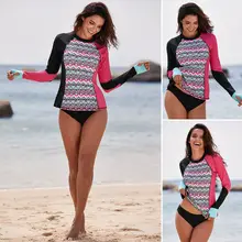 Женский Рашгард для подводного плавания, пуловер, топы, ассиметричный цветной блок, длинный рукав, для серфинга, купальник с геометрическими волнистыми узорами, тонкий, быстрый