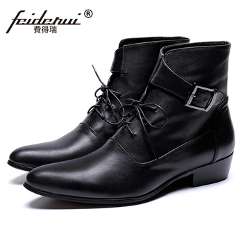 

Italian Style Pointed Toe Buckle Strap Man Punk Rocker Shoes Genuine Leather Handmade Men's Cowboy Motorcycle Ankle Boots SL467
