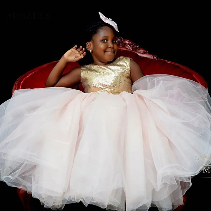 Золото Блёстки Платье для девочек с цветочным узором пышные фатиновые длинные Свадебная вечеринка платья африканских детей платье для