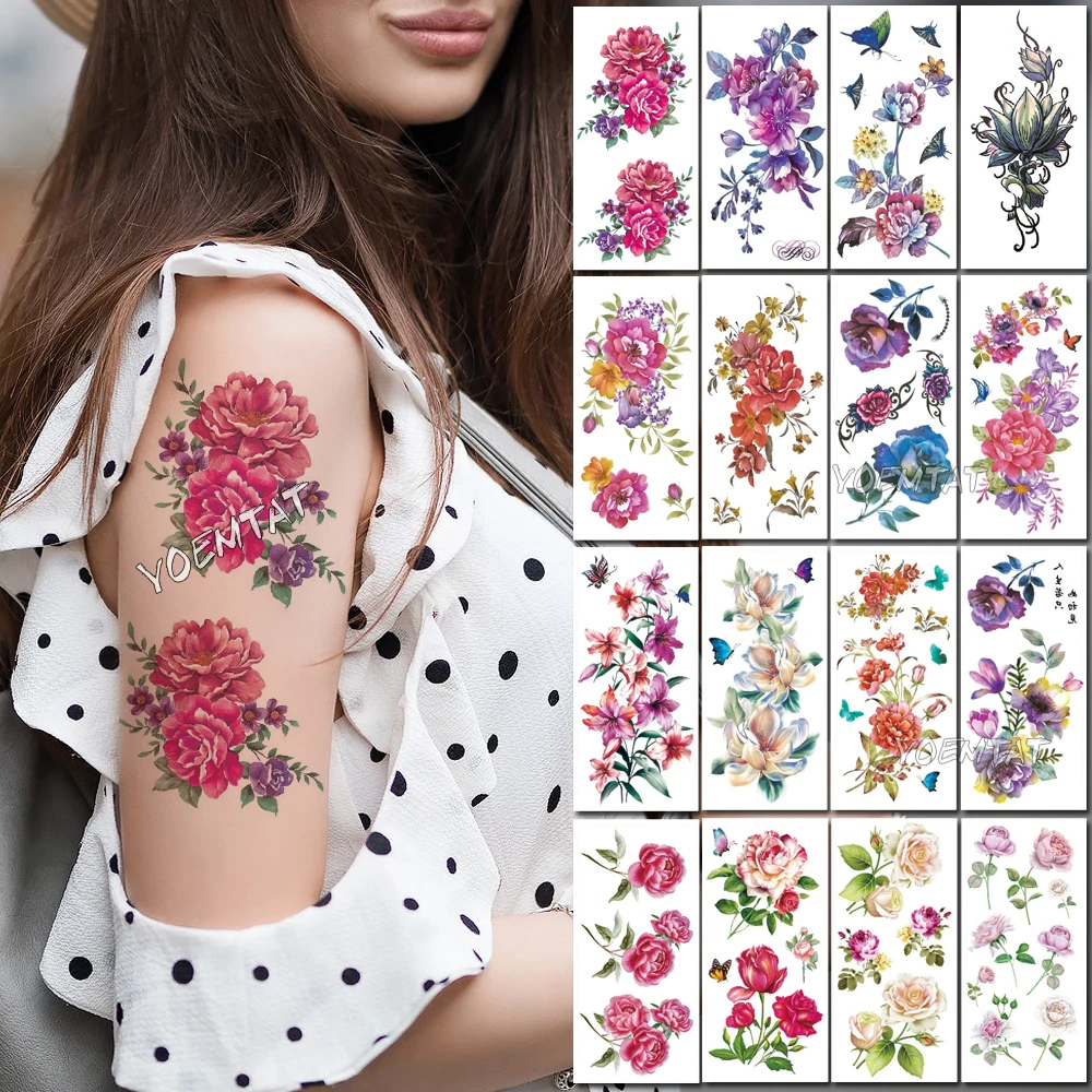 

Red purple rose peony Water Transfer Tattoo Stickers Women Body Chest Art Temporary Tattoo Girl Waist Flash Tatoos Flow