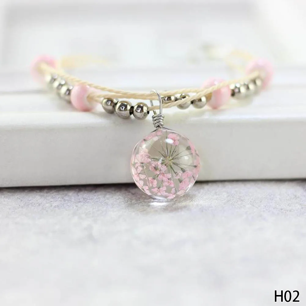 

Fashion Style Glass Ball Woven Bracelet Weave Lucky Flower Bracelets Handmade Dried Flowers Glass Beads bracelet Women Jewelry