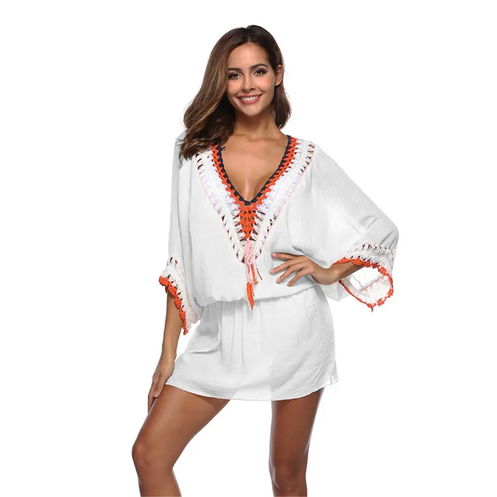 

Tassels Cover Up White Swimsuit Crochet Floral Swimwear Women Beach Dress For Bikini Hollow Out Tunic Lady Swim Long Skirt Cape