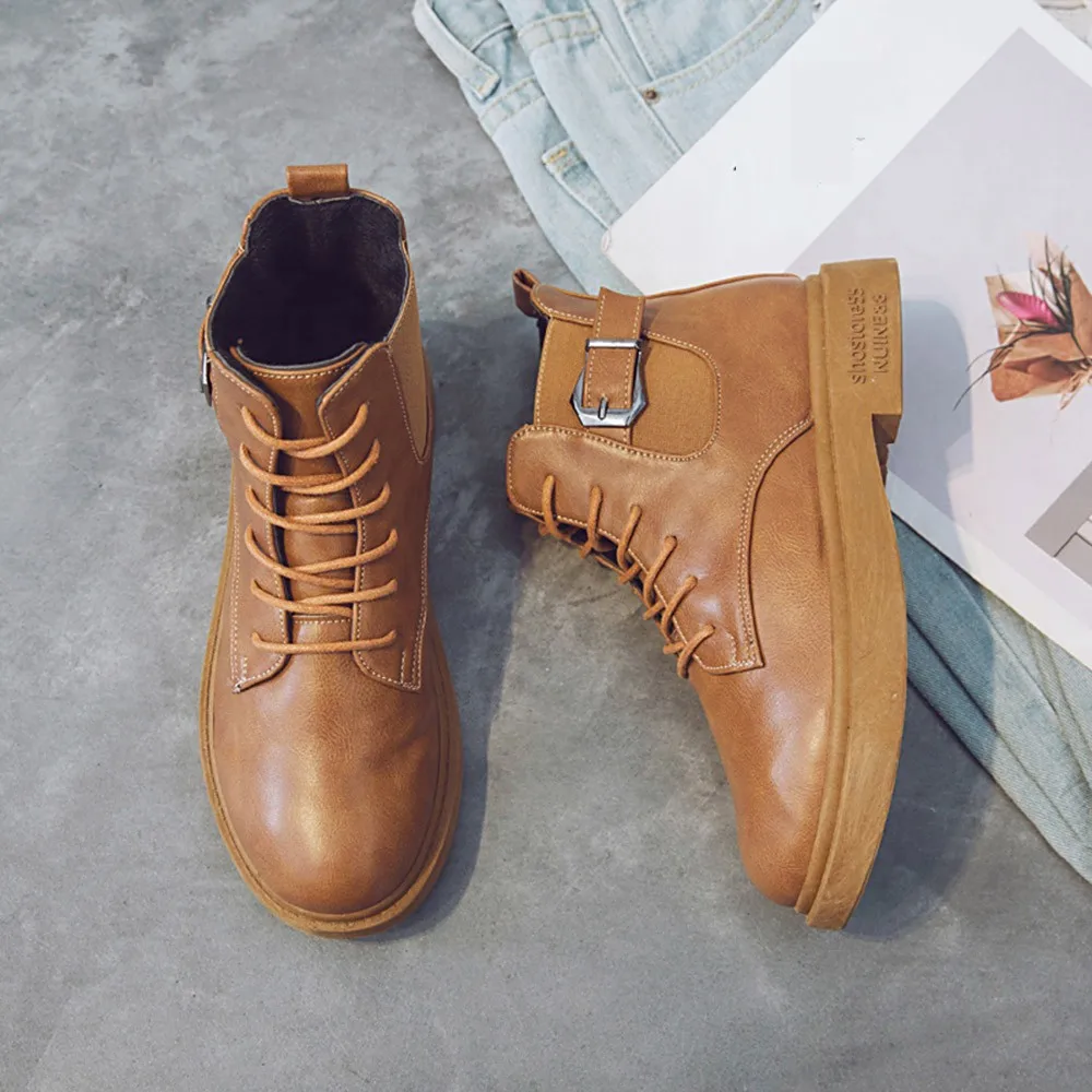 

2019 Women's Short Boots Leather Winter Motorcycle Boot Low Heel Martin Boot Fashion Retro Cross Tied Vintage Ankle Shoes Gothic