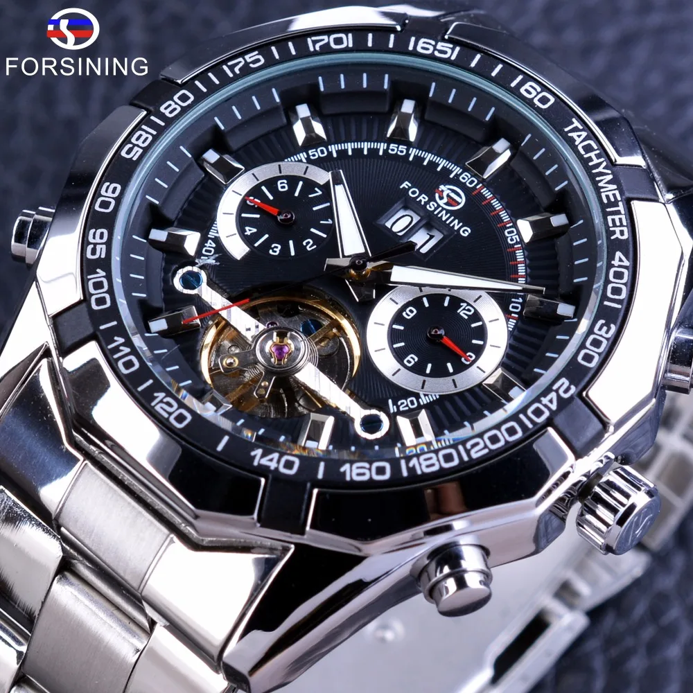 

Forsining Automatic Military Wrist Watch Tourbillion Watch Calendar Display Silver Stainless Steel Mens Watches Top Brand Luxury