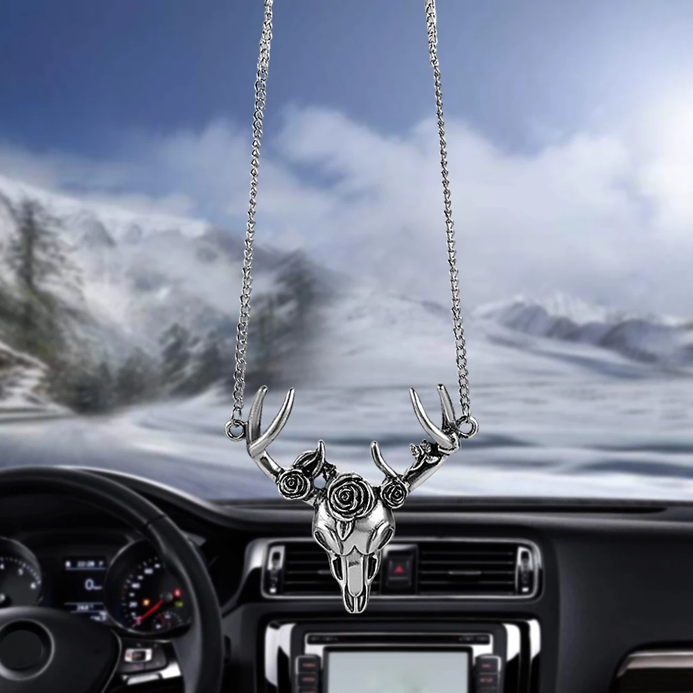 

Car Pendant Metal Skull Goat Head Black Rose Decoration Talismans Handing Ornament Automobiles Interior Rearview Mirror Decor